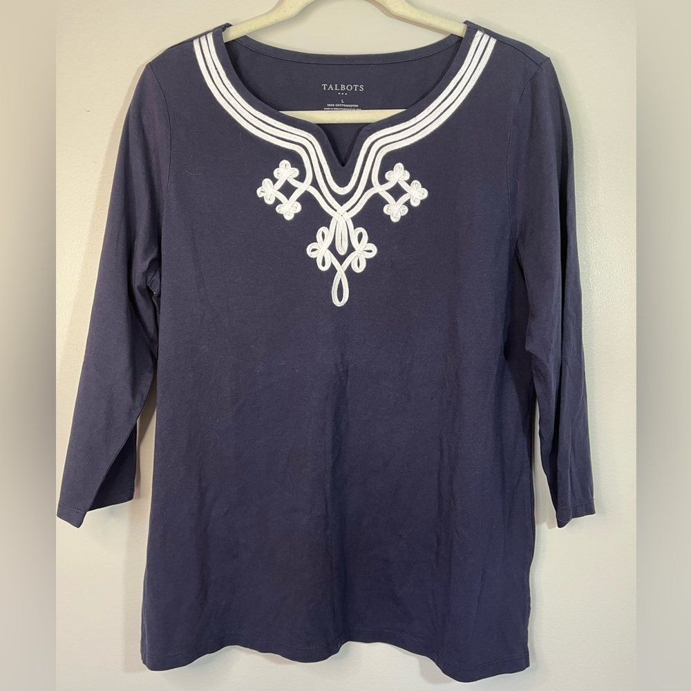 Talbots Navy Blue Cotton Embroidered Top Women’s Large Nautical Coastal